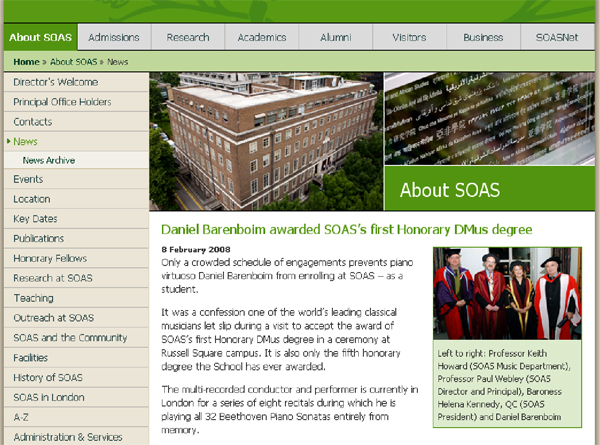 Barenboim honorary award SOAS - news item on SOAS website